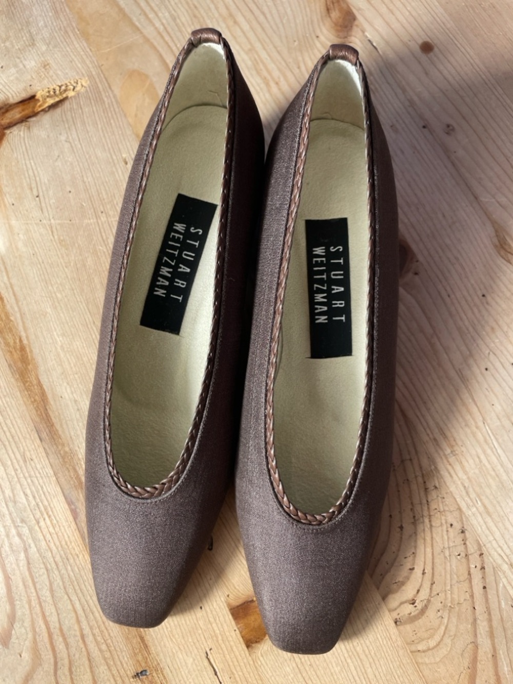 Stuart Weitzman Brown Satin Square-Toe Block Heel with Braided Trim 4.5AA